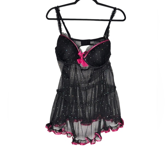 Frederick’s of Hollywood Sheer Babydoll Lingerie Size 36 Black Pink Ruffle Mesh - Picture 1 of 6